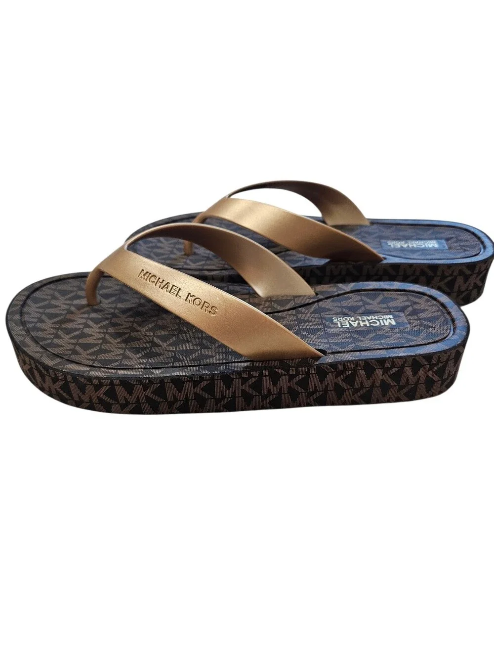 Michael Kors Bedford Gold Metallic Logo Wedge Thong Sandals, Size 8, New